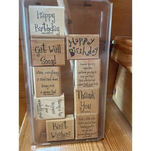 Stampin Up Cheery Chat set of 9 Rubber Stamps Wood Mounted Case